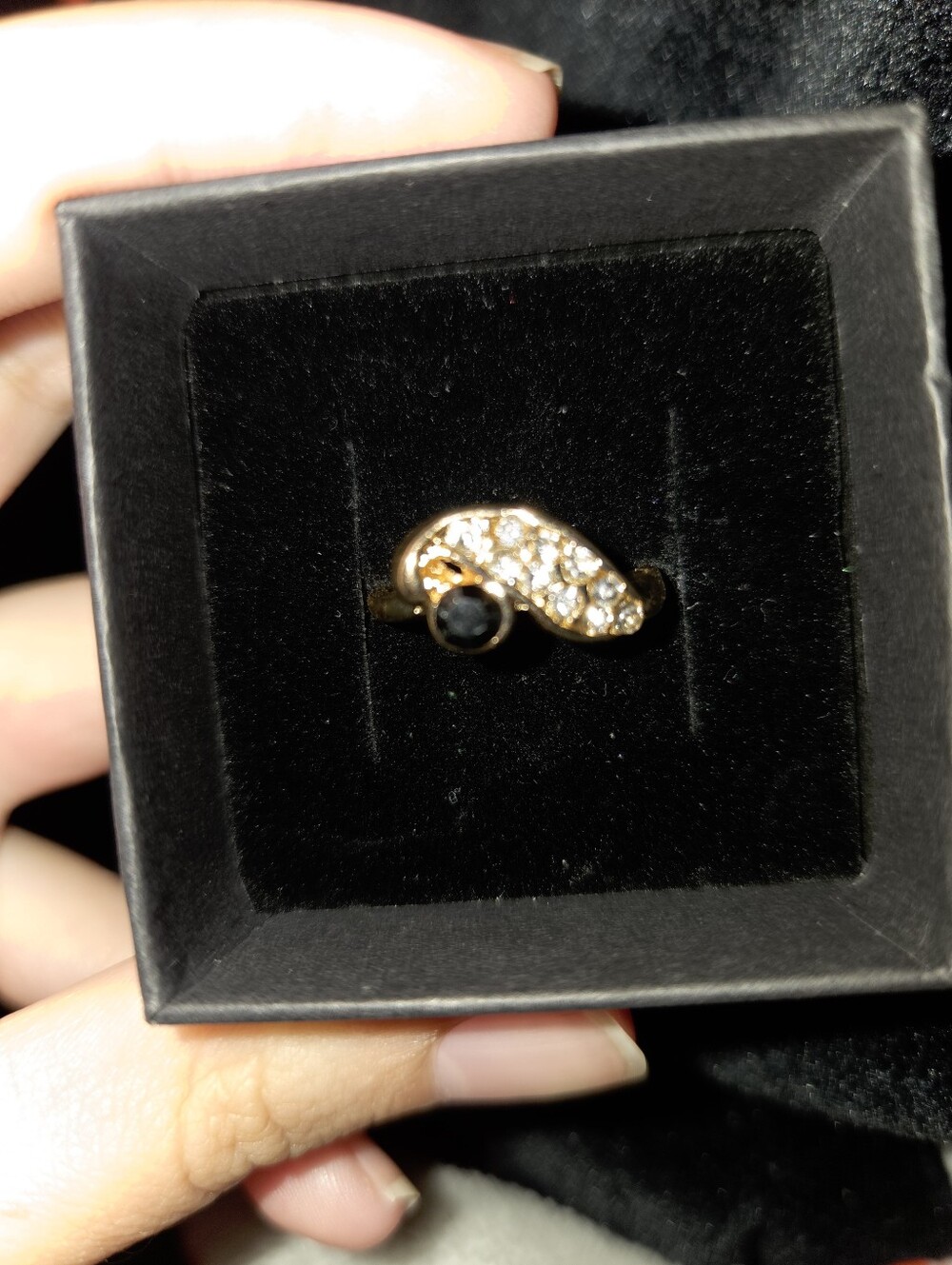14K Gold Plated 925 Silver Black & Clear Crystal Swirl Ring | Size 7